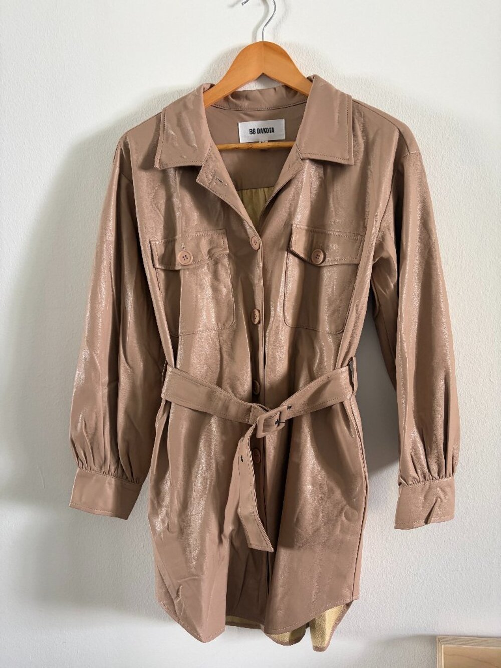 BB Dakota Tan Satin Belted Utility Shirt Dress Size XS